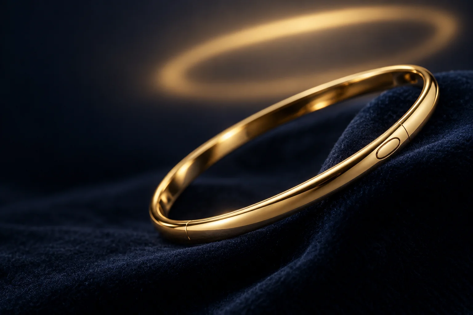 Concept illustration of a polished gold bangle on midnight navy velvet